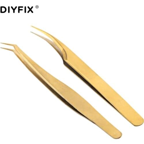 DIYFIX Precision Electronics Tweezers Clips Curved Tips Electroplating Forceps Fine Point for Eyelash Extension Hand Tools Sets