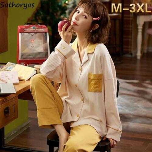 Women Pajama Sets Plus Size M-3XL Cotton Soft Print Long Sleeve Turn-down Collar Sleepwear Female Simple Fashion Sleep Wear Suit