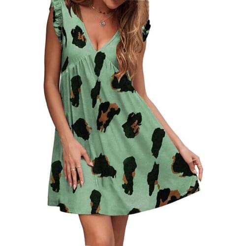 Summer New Womens V-neck Leopard Print Lotus Short Sleevedress Ladies Leopard Print Medium Length Skirt Beach Loose Mini Dress