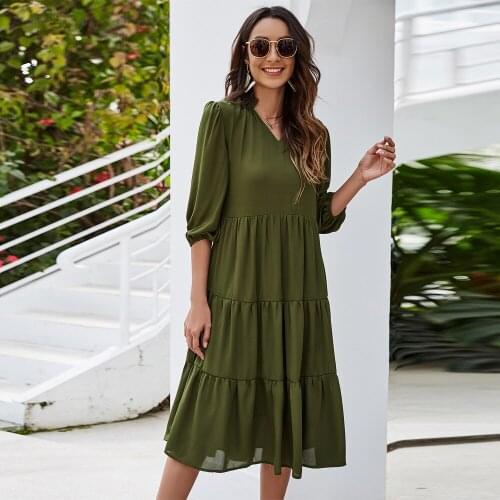 Missjoy Women Elegant Summer Casual V-Neck 3/4 Sleeves Loose Pleated Soft Solid Color Babydoll Chiffon Ruffle Swing A-line Dress