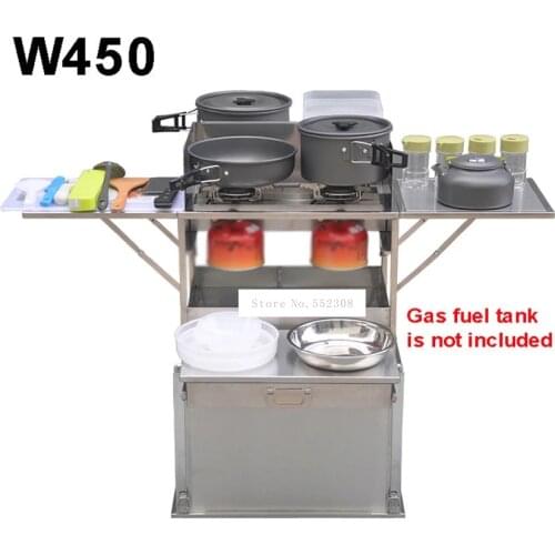 2-3 Person Outdoor Mobile Kitchen 304 Stainless Steel Foldable Cooking Desk Hiking Camping Gas Cooker Stove + Windshield W450