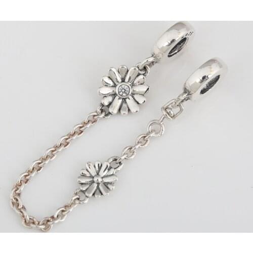 Authentic S925 Daisies Safety Chain Charm fit Lady Bracelets & Bangles Girl Women Gift DIY Jewelry