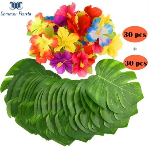 1lot 60PC Hibiscus Flowers and Monstera Leaves For Hawaiian Party Silk DIY Tropical Fake Plants For Home Garden Party Decoration