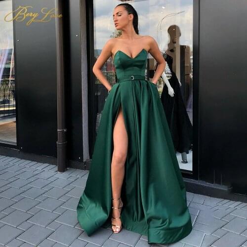 Elegant Satin Evening Dresses Strapless V Neck High Split Evening Gown High Waist Belt Prom Dresses Robe soiree femme