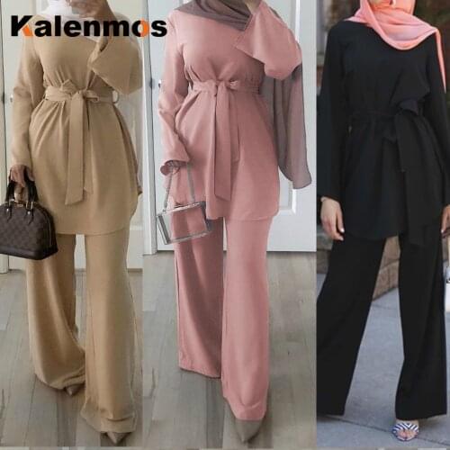 Ramadan Eid Muslim Dress Women Two Pecs Set Blouse Wide Leg Pants Dubai Abaya Spring Party Ropa Kaftan Islamic Turkey African