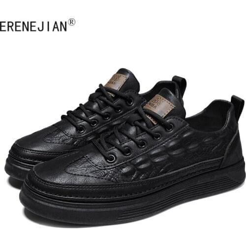 ERENEJIAN Mens Casual Leather Sneakers Crocodile Pattern Shoes Lace Up Fashion Flat Footwear For Male