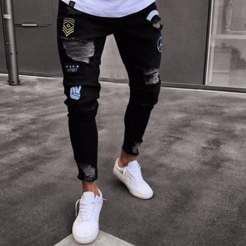 HOt 2020 spring autumn Casual Mens hip hop high-end tight-fitting zipper hole narrow leg pants mens Slim locomotive patch jeans