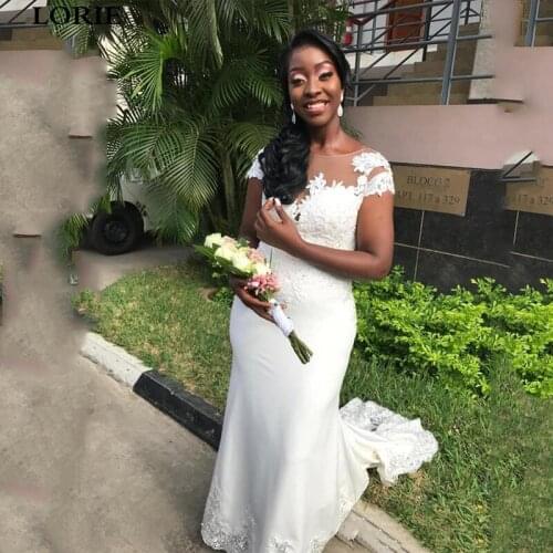 LORIE Arabic Aso Ebi Sexy Mermaid Wedding Dresses Sheer Neck Cap sleeves Lace Applique Beaded Wedding Dresses Bridal Gowns