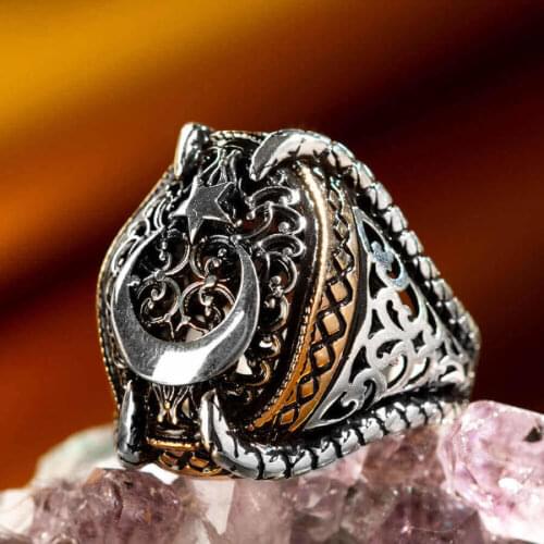 Crescent Star Claw Ottoman Motif Ring Vintage Handmade Silver Men Ring 925 Sterling Silver Detailed Silver Turkish Jewelry