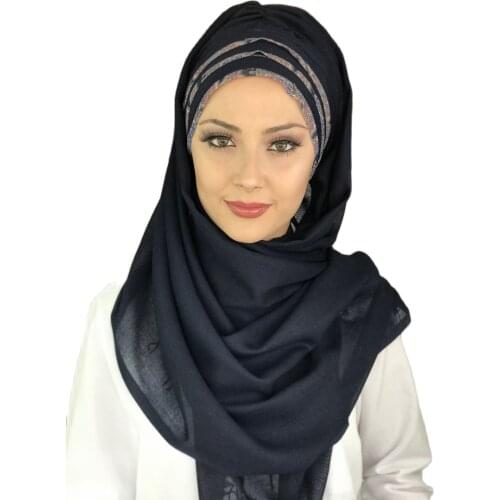 New Fashion Hijab 2021 Muslim Womans Hat Islamic Turban Bonnet Scarf Dark Navy Patterned Chiffon Stripe Detailed Ready Made