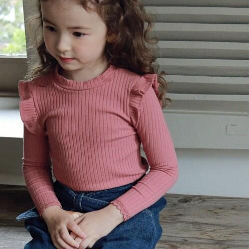 Autumn 2020 childrens girls solid color little filigree stripe T-shirt girls clothes