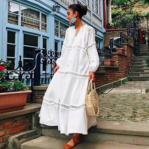 Autumn Casual Bohemian Style White Loose Dress Women Ladies Hollow Out Holiday Dress Ladies Long Sleeve Dresses