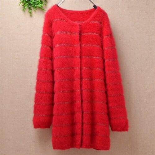 Topcoat female women winter coats red color mink cashmere knitted angora rabbit fur slim coat long sleeves