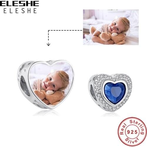 ELESHE Authentic 925 Sterling Silver Bead Charm Customized Photo DIY Jewelry Night Blue Love Heart Charms fit Original Bracelet