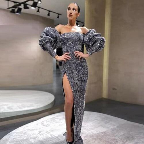 Sexy High Slit long dress sequin Off the shoulder lantern sleeve Silver Evening Gowns designer dresses runway birthday for women