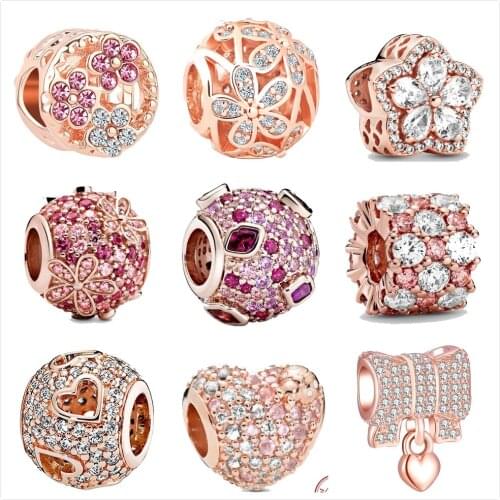 The new Rose Gold Engraving Shining snowflake Bead fit the original Pandora Charm Silver 925 Bracelet DIY Womens Jewelry