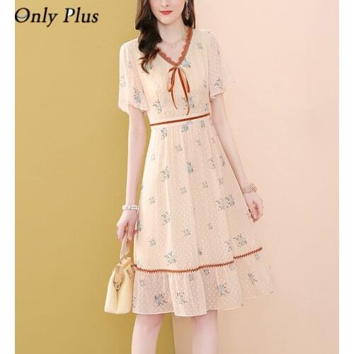 2021 Chiffon Summer V-Neck Dress Butterfly Sleeve Beach Style Holiday Leisure Elegant Bow Knee-Length Cool Sweet Bohemian