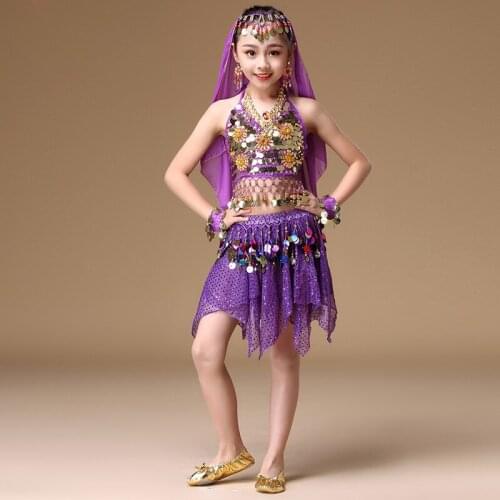 4-8 Years Children Dance Wear India Sari Clothes Coins Waistband Belly Dance Costumes Set 4 pieces (Top, skirt, veil, bracelets)
