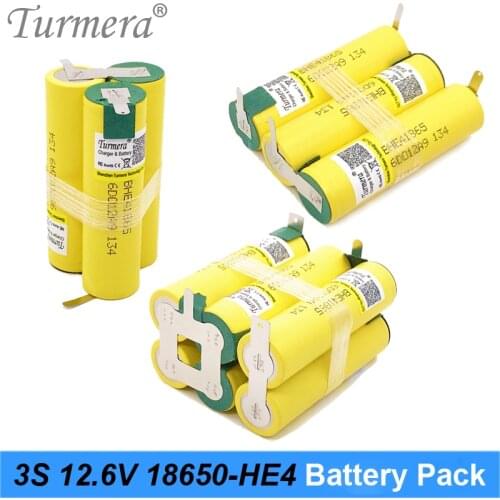 Turmera 3S 10.8V 12.6V 18650 HE4 2500mAh 5000mAh Lithium Battery 20A Soldering Strip for Screwdriver Batteries Shurika Customize