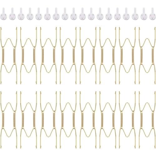 16 Pieces 6 Inch Invisible Plate Hangers Wall Plate Hangers Brass Wire Plate Holders with 18 Pieces Wall Hooks for 5 to 7 Inch D