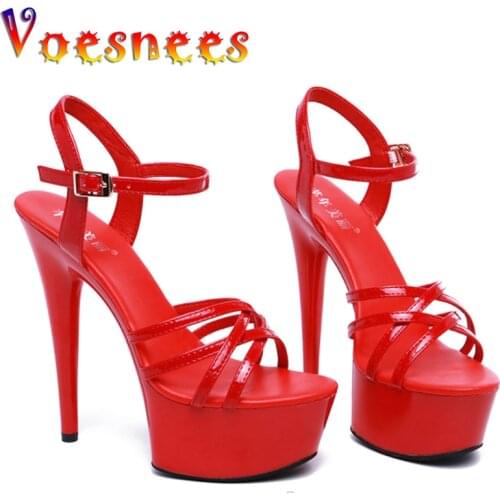 Voesnees 2021 High Heels 15 cm Fine Heel Stage Show Cross-tied Waterproof Platform Sexy Nightclub Red Buckle Strap Woman Shoes