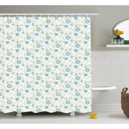 Yellow and Blue Shower Curtain Spring Nature Inspired Pattern Flower Figures Scrapbook Style Bathroom Waterproof Curtains