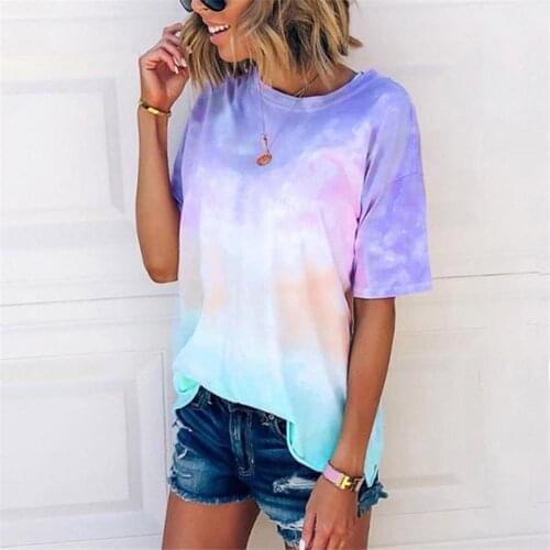 Y2k Womens Top Tie Dye Gradient Rainbow Print T-shirt Loose Round Neck Short Sleeve Female Clothing Summer Fresh Sweet Tees