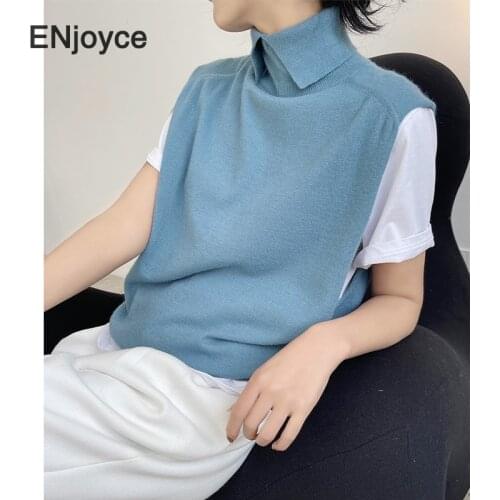 Woman Knitted Wool Sweater Vest 2021 Spring Sleeveless Waistcoat Vintage Korean Style New Pullover Chic High Lapel collar Top
