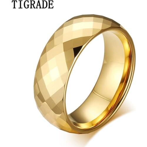 Tigrade 8mm Gold Tungsten Mens Ring Hand Cut Rhombus Wedding Bands Luxury Rings for Men Women Engagement Jewelry Accessories