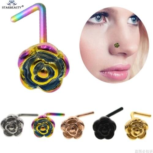 1pc L Shape 20G 0.8x7mm Rose Nose Ring Stud Nose Piercing Nariz Labret Lip Ring Helix Piercing Tragus Cartilage Earring Pircing