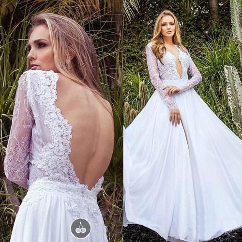 2019 Country Style Lace Backless Wedding Dresses Deep V Neck Long Sleeves Bridal Gowns Chiffon vestido de noiva wedding dress
