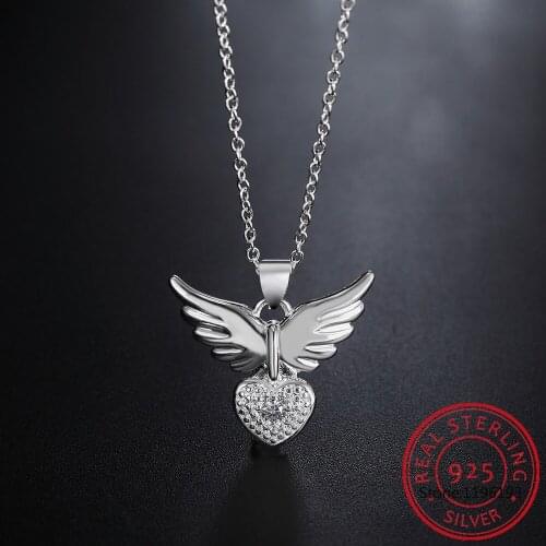 925 Sterling Silver 18 Inch AAA Zircon Love Heart Wings Pendant Necklace For Women Fashion Wedding Party Charm Jewelry