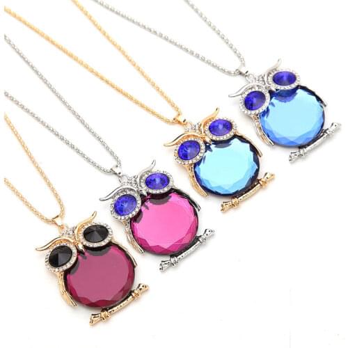 Crystal Owl Pendant Long Necklace Design Rhinestones for Women Sweater Choker Chain Animal Clothing Accessories Jewelry Findings