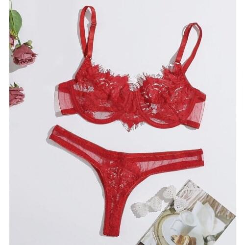 Women Sexy Lingerie Set Red Lace Underwire Bra Thong Suit Ladies Temptation Underwear Sets ropa interior femenina нижнее белье