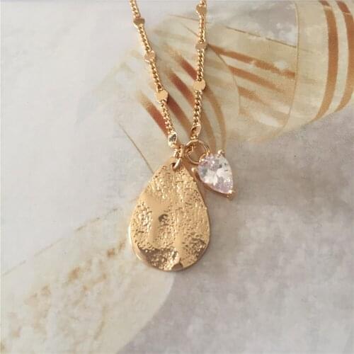 Gorgeou Gold Color Plating Teardrop Zircon Stone Textured Pendant Necklace For Women Girl Elegant Casual Jewelry Accessory