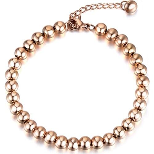 Trendy Rose Gold Color 4/6mm Round Beads Strand Bracelets Bangle Stainless Steel Chain Bracelet For Women Girls B18023