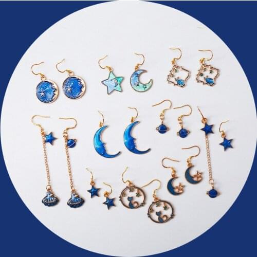 Korean Fashion Blue Color Moon and Star Earrings for Women Multiple Metal Asymmetric Long Drop Dangle Earring Statement Jewelry