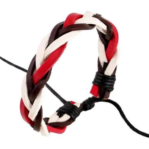 Brown+Red+White Color Hand Woven Leather Bracelets Women Men Manual Wristband Adjustable Size Casual Jewelry Bangles Decoration