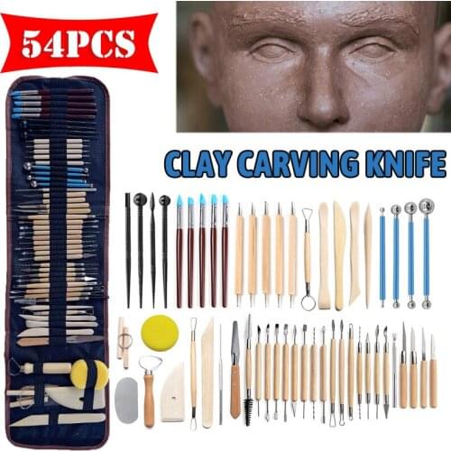 54pcs Clay Carving Tool Set Pottery Sculpture Modelling Drill Pen Ceramic DIY Craft Wooden Handle Tools With Roller Bag
