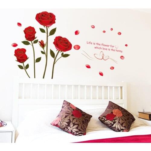 Red Rose Life Is Flower Quote 45*60cm Wall Stickers Bedroom Home Decor Pvc Wall Decals Romantic Wedding Decoration Art