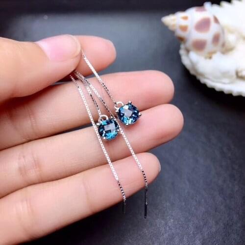Natural blue topaz gem drop earrings Natural gemstone earrings Elegant Simple round 925 silver girl women party gift jewelry