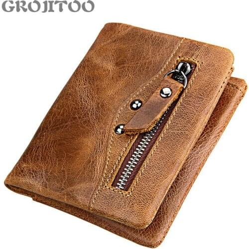 GROJITOO 2020 New Men Wallet Genuine Cowhide Leather Small Card Holder Male Wallet Pocket Retro Purse High Quatily