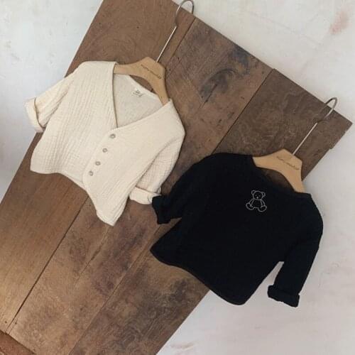 Shirts Open Stitch Full Sleeve V-neck Collar Pullover Solid Regular Cotton New Fashion Casual Simple Spring Autumn Girls Kids