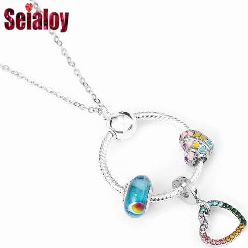 Seialoy Fashion Ocean Style Crystal Heart Pendant Necklace Glass Rainbow Beads Charm Necklace Women Men lovers Party Jewelry