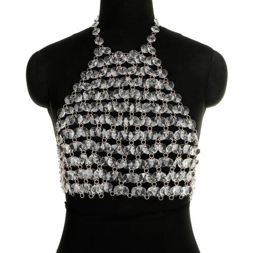 Sexy Short Acrylic Tops Women Backless Halter Crystal Bra Fashion Girl Jewelry Masquerade Stage Party Body Chain Accessories