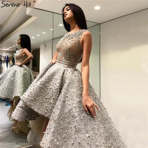 Grey Sexy Fashion Asymmetrical Tulle Evening Dresses 2020 Embroidery Pearls Sleeveless Formal Evening Gowns Serene Hill HM66595