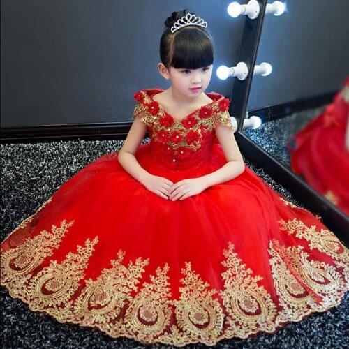 Gorgeous Flower Girls Dresses Bridesmaid Wedding Party Ball Gowns V-neck Long Kids Evening Floral Tutu Princess Birthday Dress
