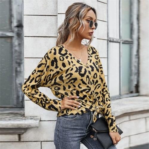 2021 New Autumn Winter Fashion Leopard Print T Shirt Top Women Casual V Neck Full Sleeve T Shirt