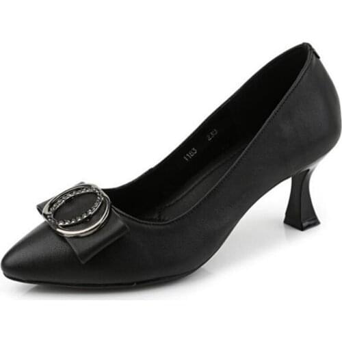 ZXRYXGS Top Cowhide Pointed Women High Heel Shoes Women Shoes Elegant Bow Rhinestone Fashion Shoes Wild Fine Heel Leather Shoes