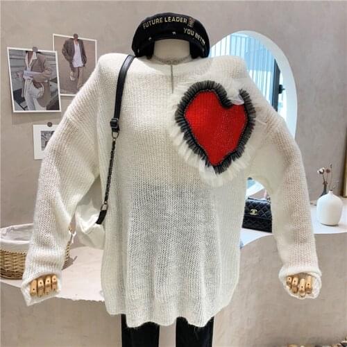 Love mesh stitching sweater women 2021 autumn and winter temperament fashion loose long-sleeved round neck pullover knit top